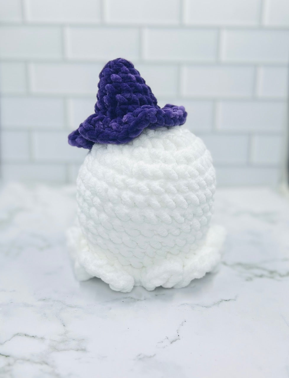 Large Crochet Ghost Plushie with Purple Witch Hat | Glitter Eyes, Rosy Cheeks & Friendly Smile | 7" Halloween Decor