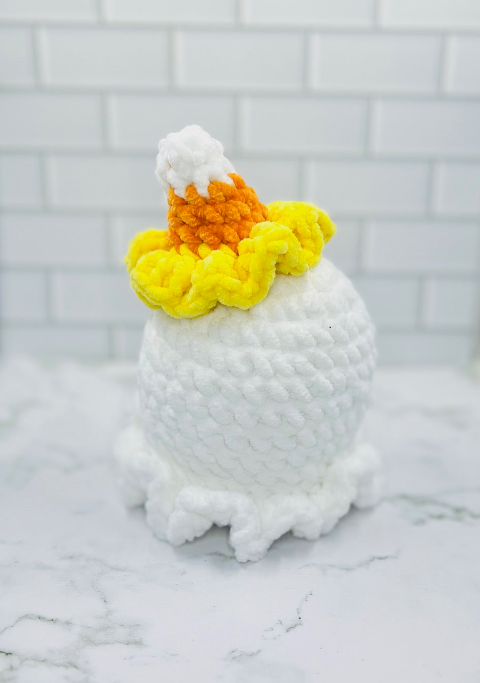 Large Crochet Ghost Plushie with Candy Corn Hat | Glitter Eyes & Rosy Cheeks | 7" Friendly Halloween Decoration