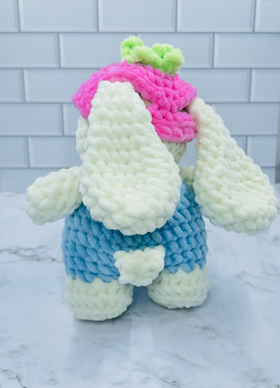 Crochet Spring Bunny Plush | Handmade Chenille Bunny with Strawberry Hat | Soft Stuffed Bunny Gift | Easter & Spring Decor