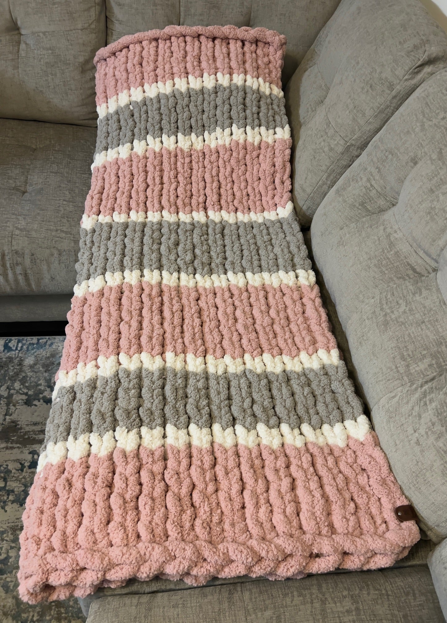 Custom Hand-Knit Chunky Throw Blanket | Pink, White & Light Gray | Ultra Soft & Cozy