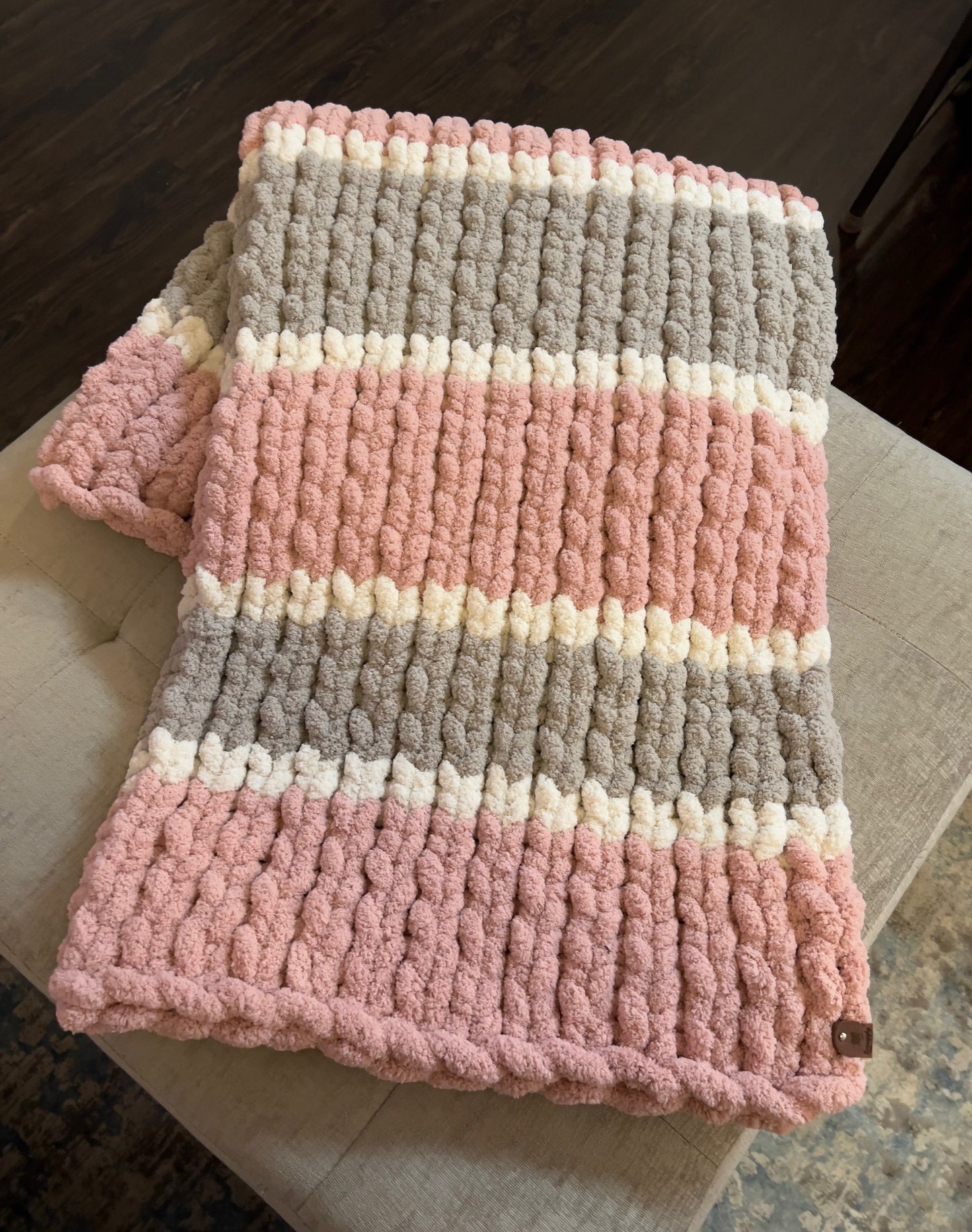 Custom Hand-Knit Chunky Throw Blanket | Pink, White & Light Gray | Ultra Soft & Cozy