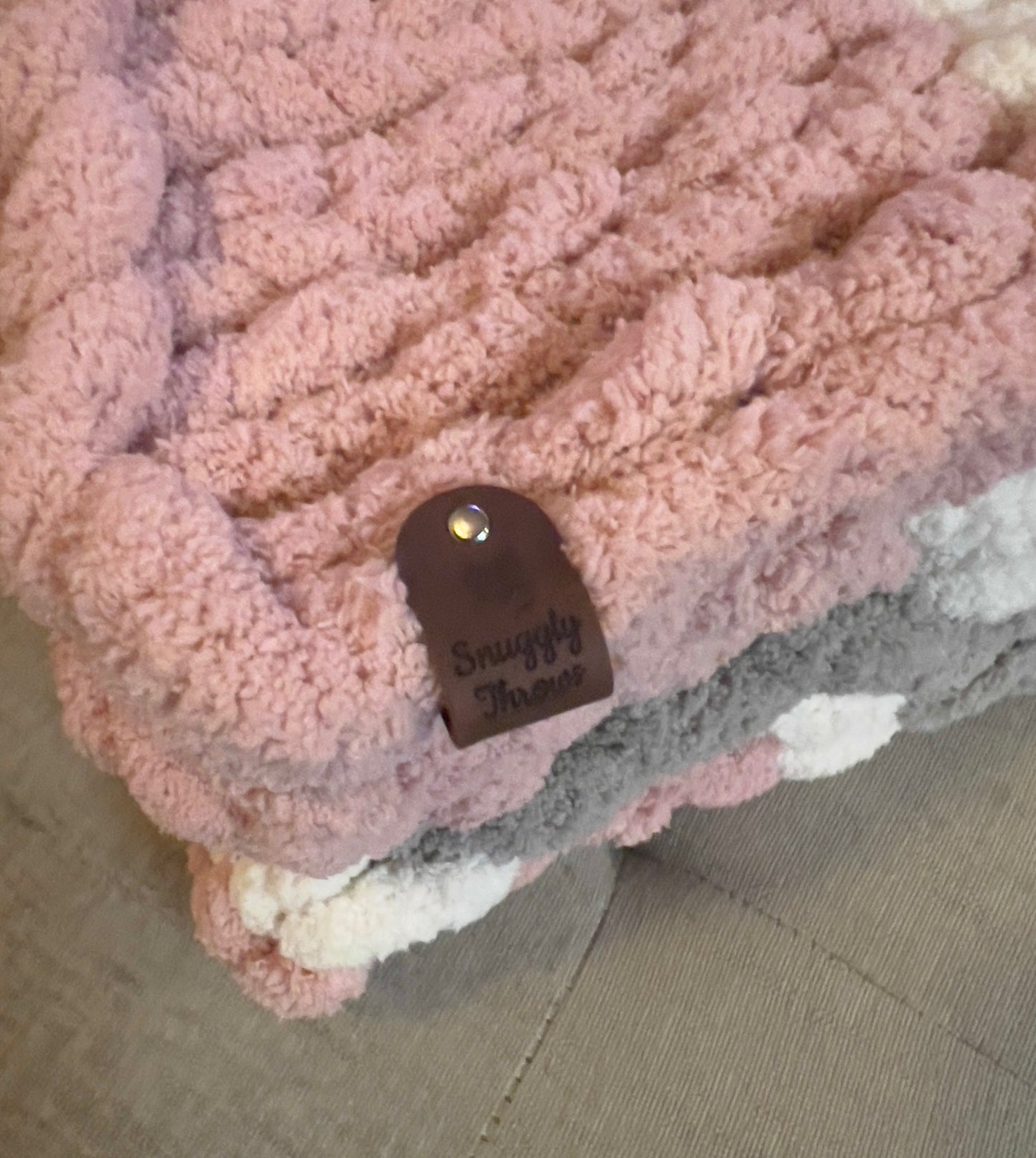 Custom Hand-Knit Chunky Throw Blanket | Pink, White & Light Gray | Ultra Soft & Cozy