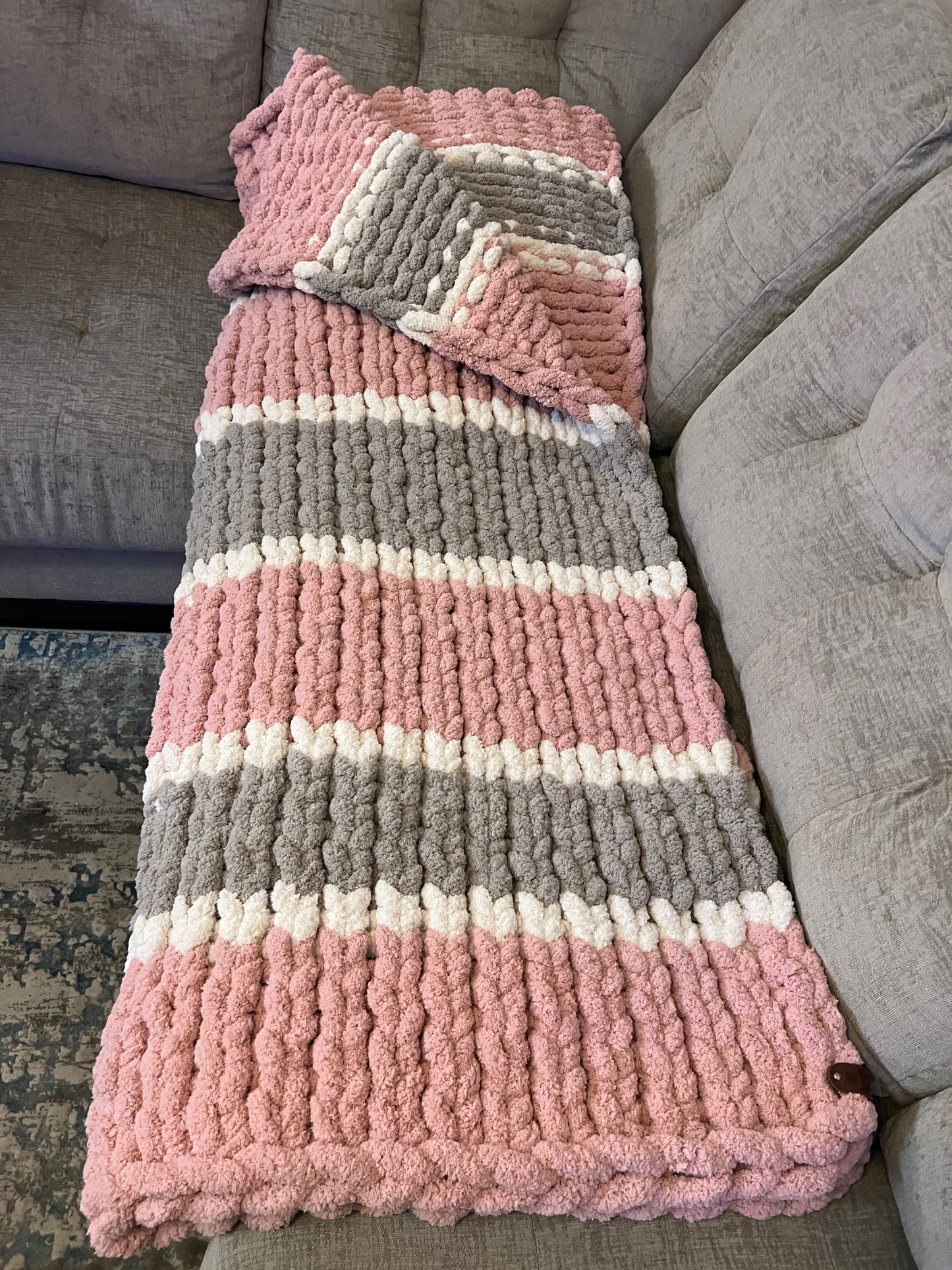 Custom Hand-Knit Chunky Throw Blanket | Pink, White & Light Gray | Ultra Soft & Cozy