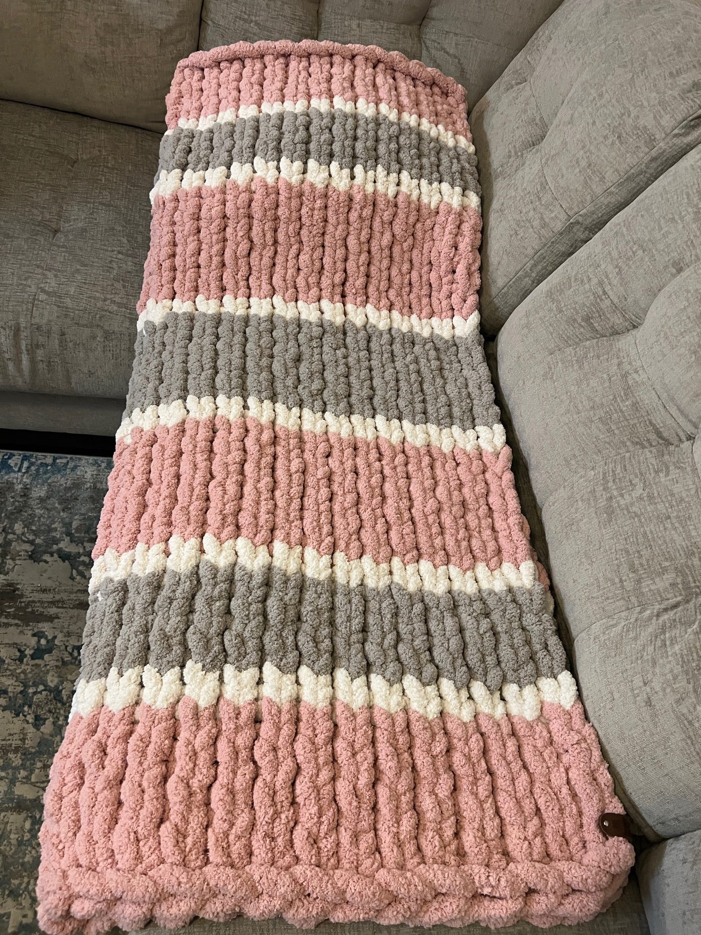 Custom Hand-Knit Chunky Throw Blanket | Pink, White & Light Gray | Ultra Soft & Cozy