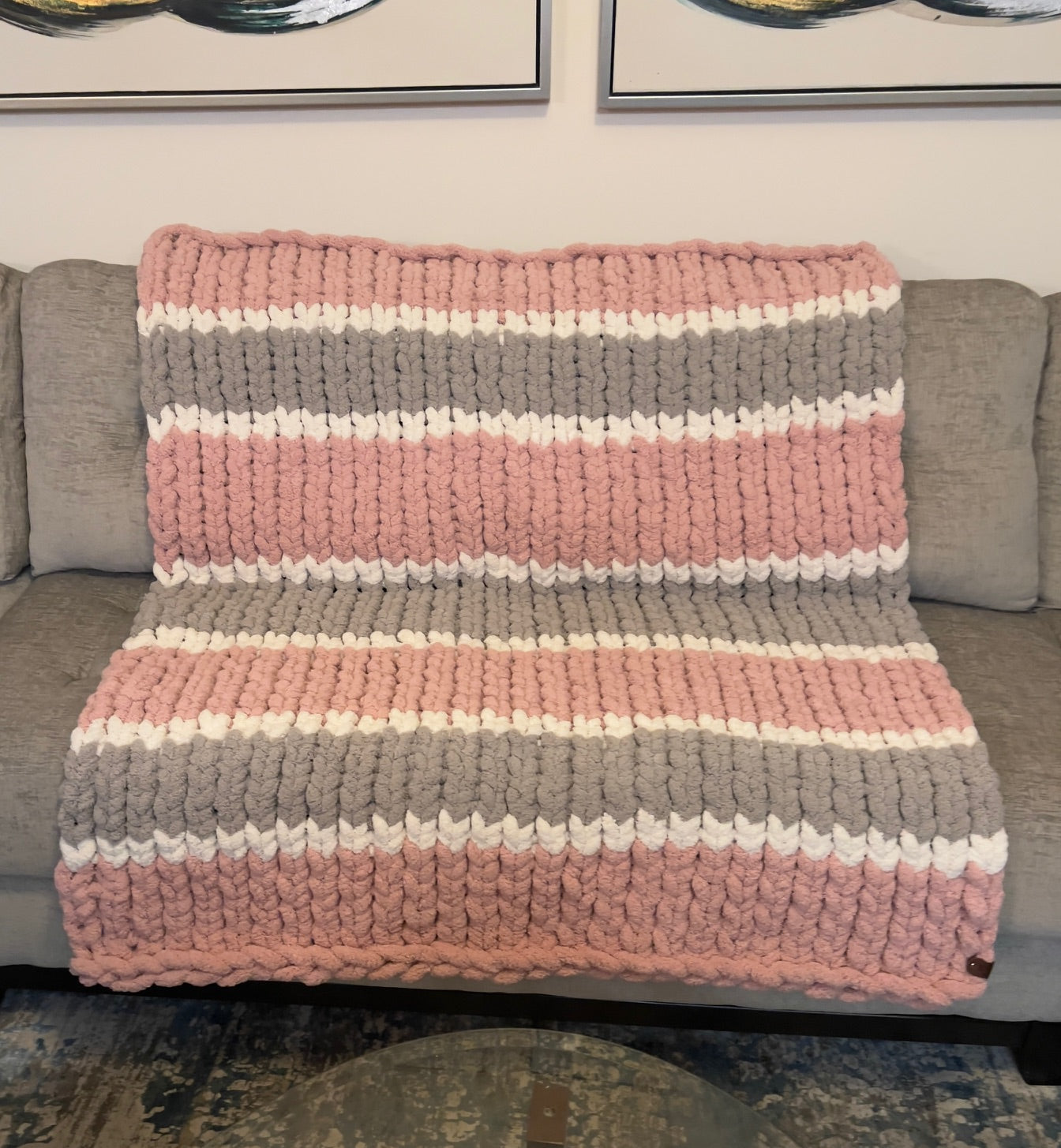 Custom Hand-Knit Chunky Throw Blanket | Pink, White & Light Gray | Ultra Soft & Cozy