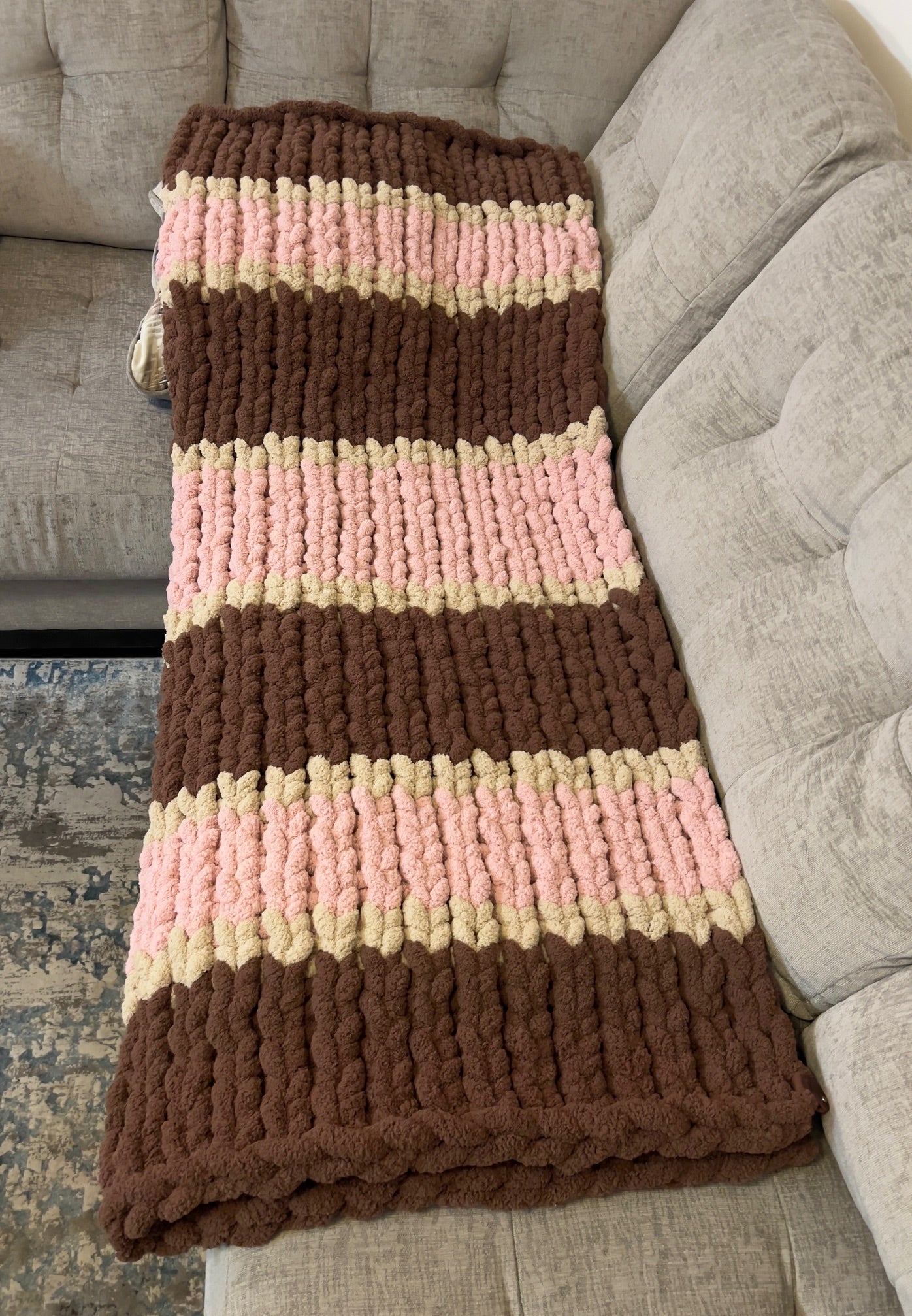 Custom Hand-Knit Chunky Throw Blanket | Brown, Beige & Pink | Ultra Soft & Cozy