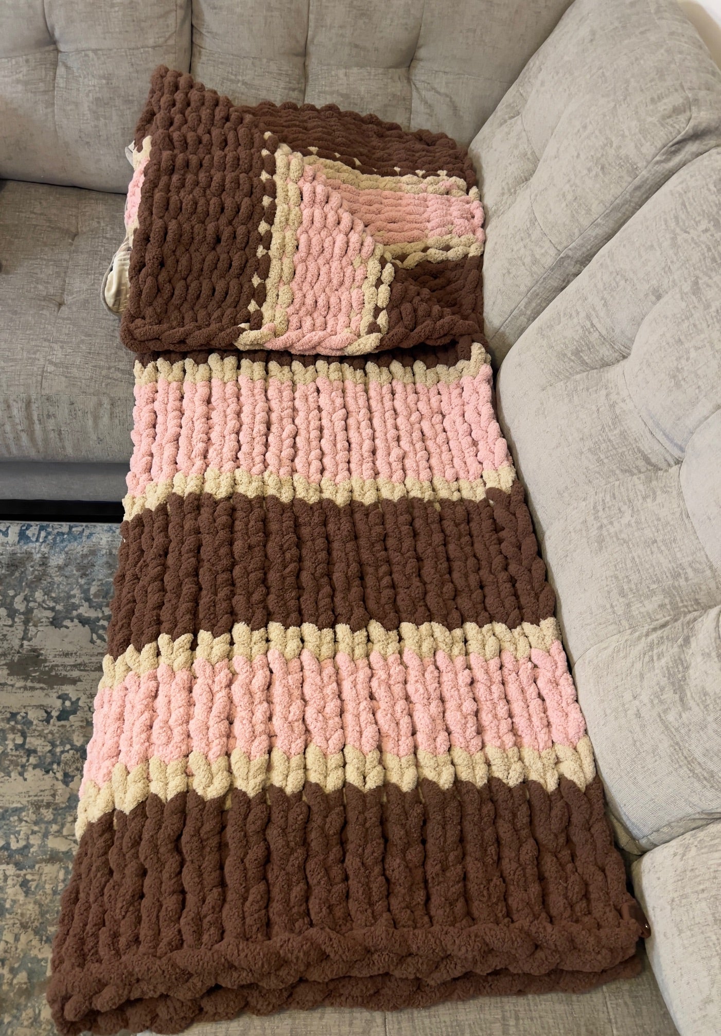 Custom Hand-Knit Chunky Throw Blanket | Brown, Beige & Pink | Ultra Soft & Cozy