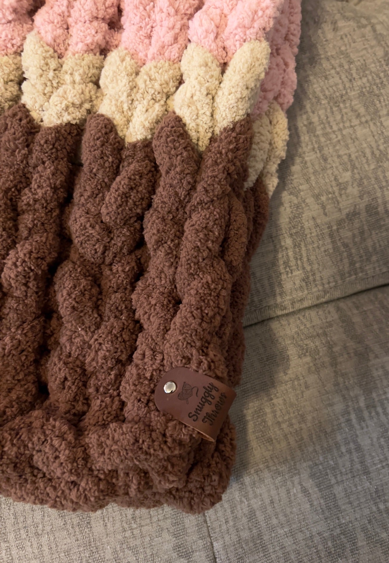 Custom Hand-Knit Chunky Throw Blanket | Brown, Beige & Pink | Ultra Soft & Cozy