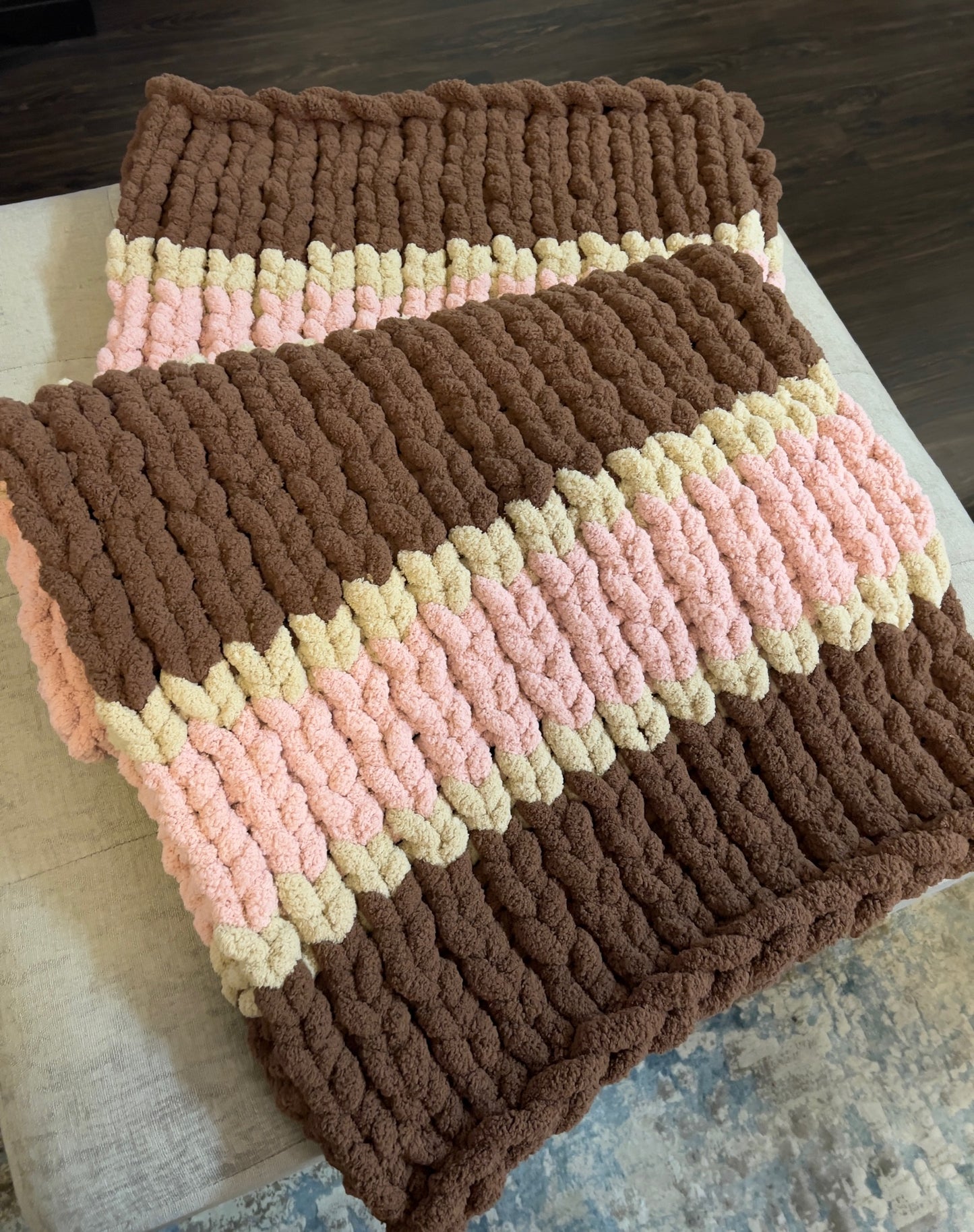 Custom Hand-Knit Chunky Throw Blanket | Brown, Beige & Pink | Ultra Soft & Cozy