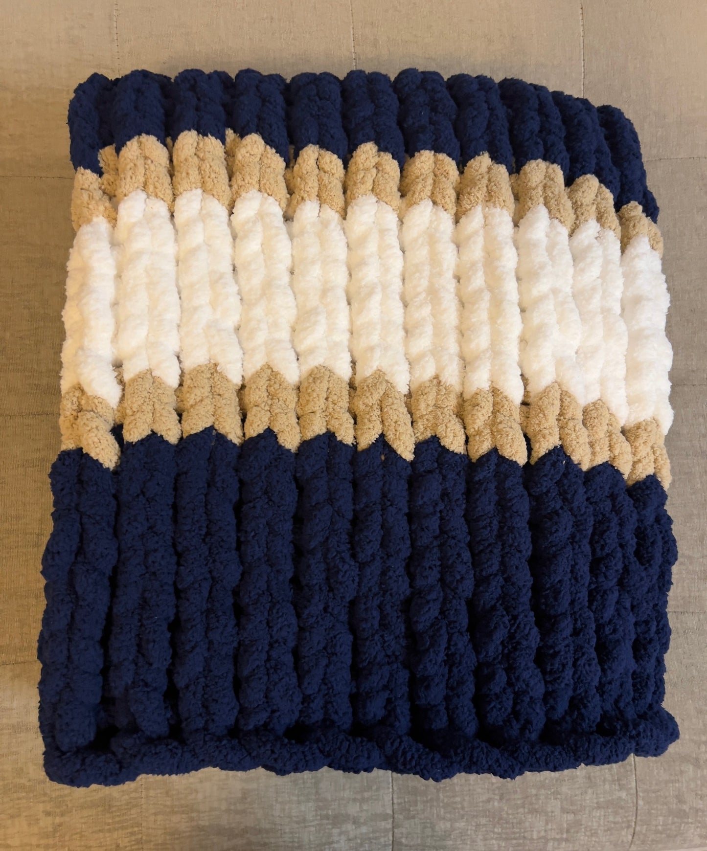 Custom Hand-Knit Chunky Throw Blanket | Navy, White & Beige | Ultra Soft & Cozy