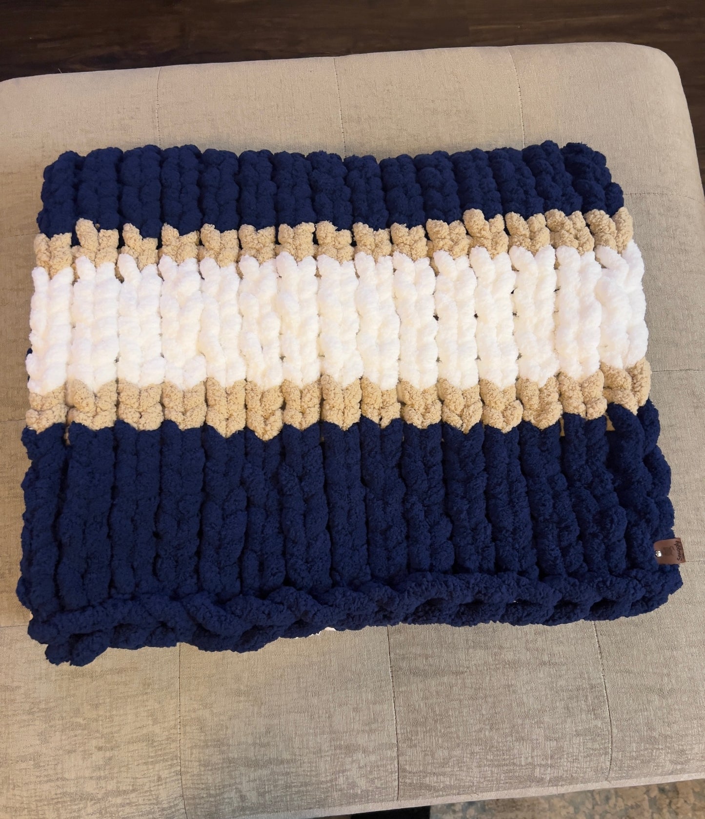 Custom Hand-Knit Chunky Throw Blanket | Navy, White & Beige | Ultra Soft & Cozy