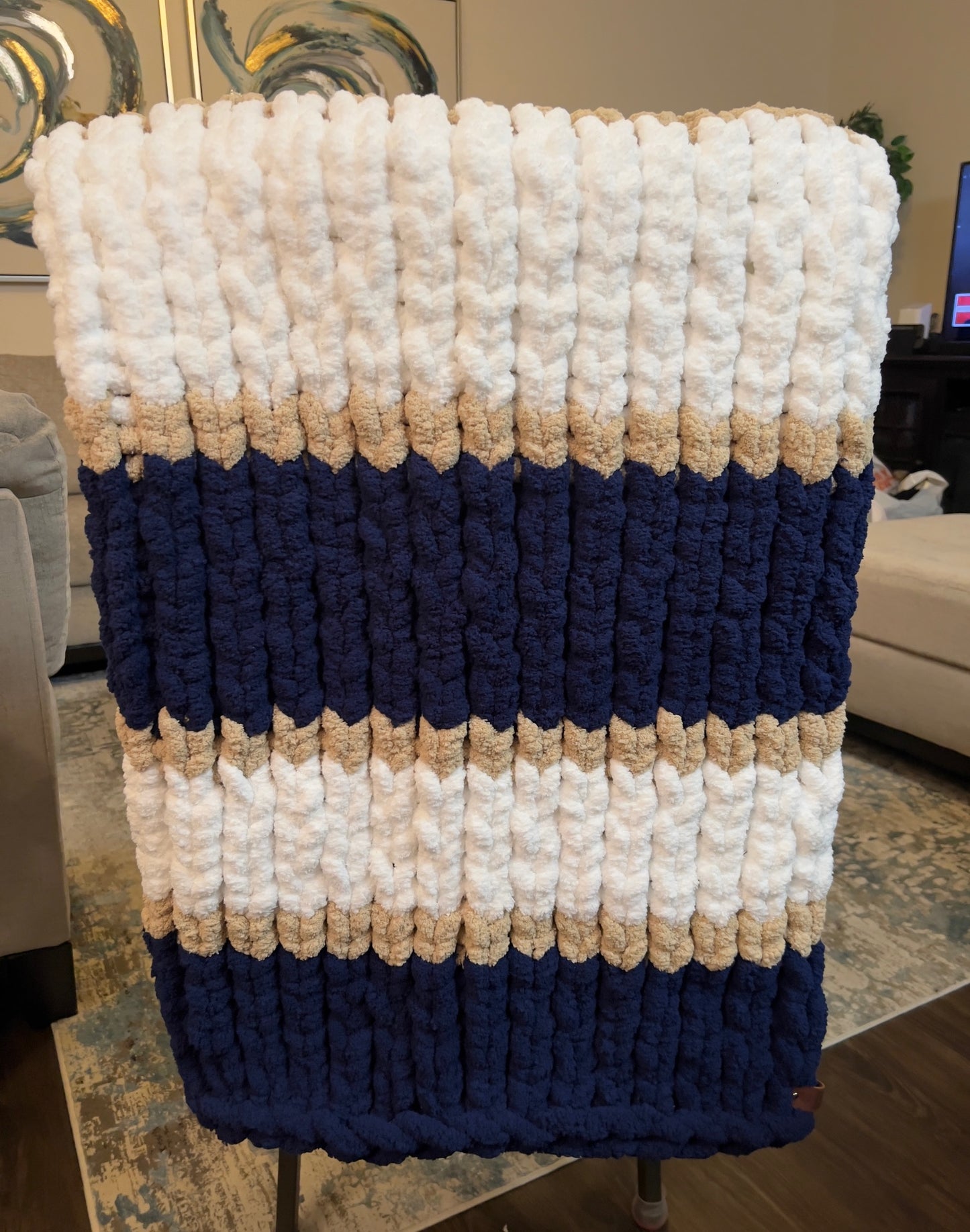 Custom Hand-Knit Chunky Throw Blanket | Navy, White & Beige | Ultra Soft & Cozy