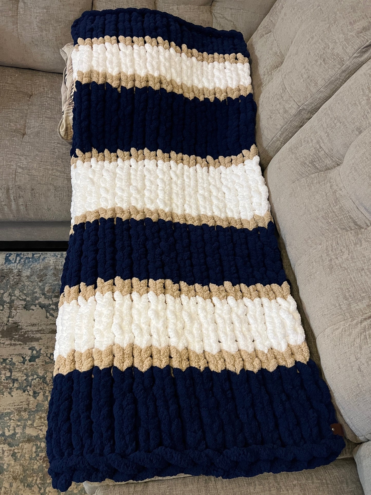 Custom Hand-Knit Chunky Throw Blanket | Navy, White & Beige | Ultra Soft & Cozy