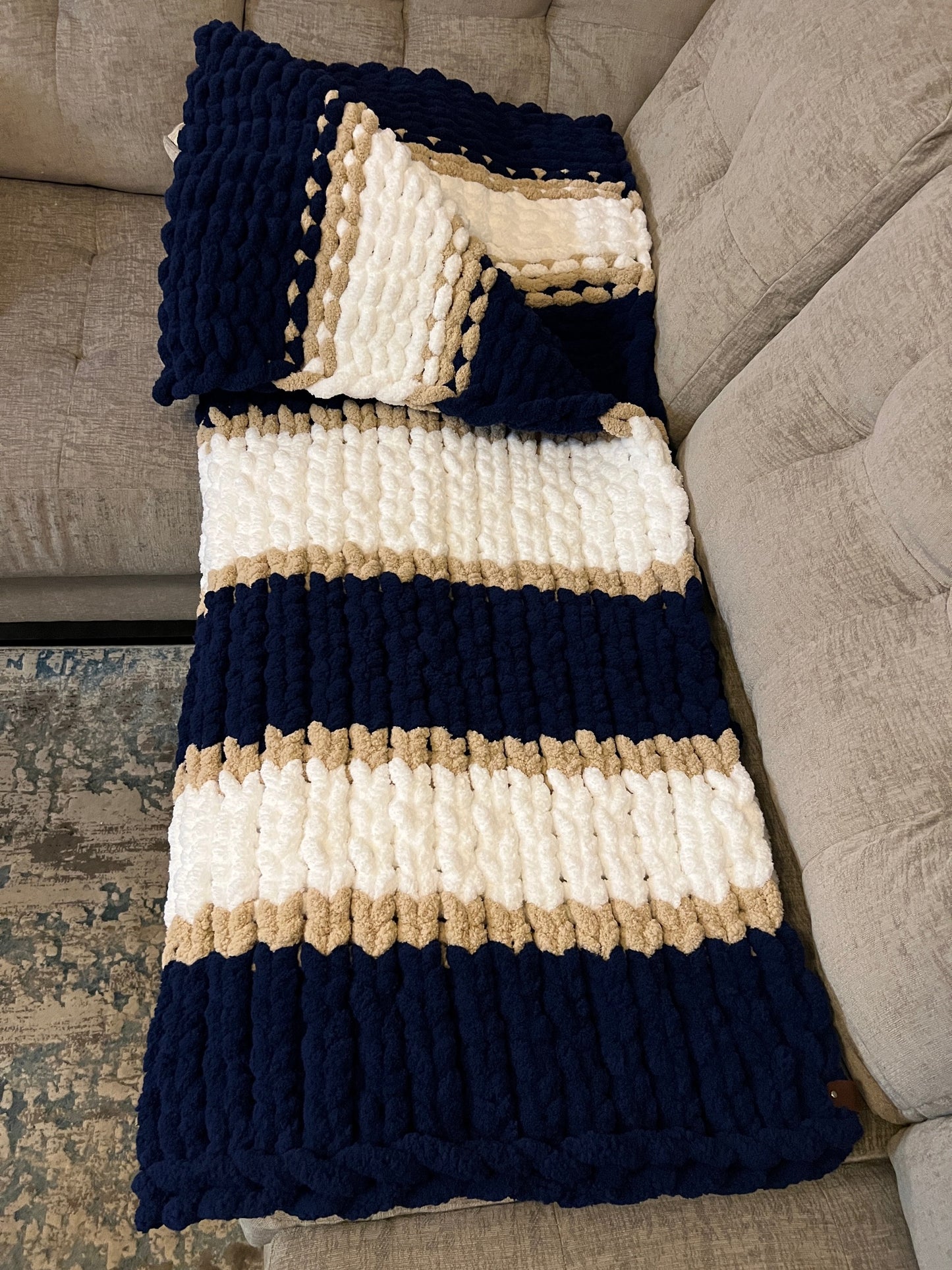 Custom Hand-Knit Chunky Throw Blanket | Navy, White & Beige | Ultra Soft & Cozy