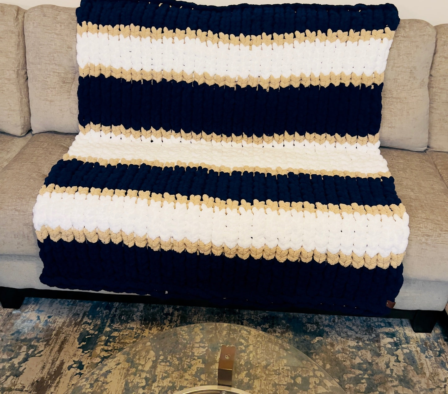 Custom Hand-Knit Chunky Throw Blanket | Navy, White & Beige | Ultra Soft & Cozy