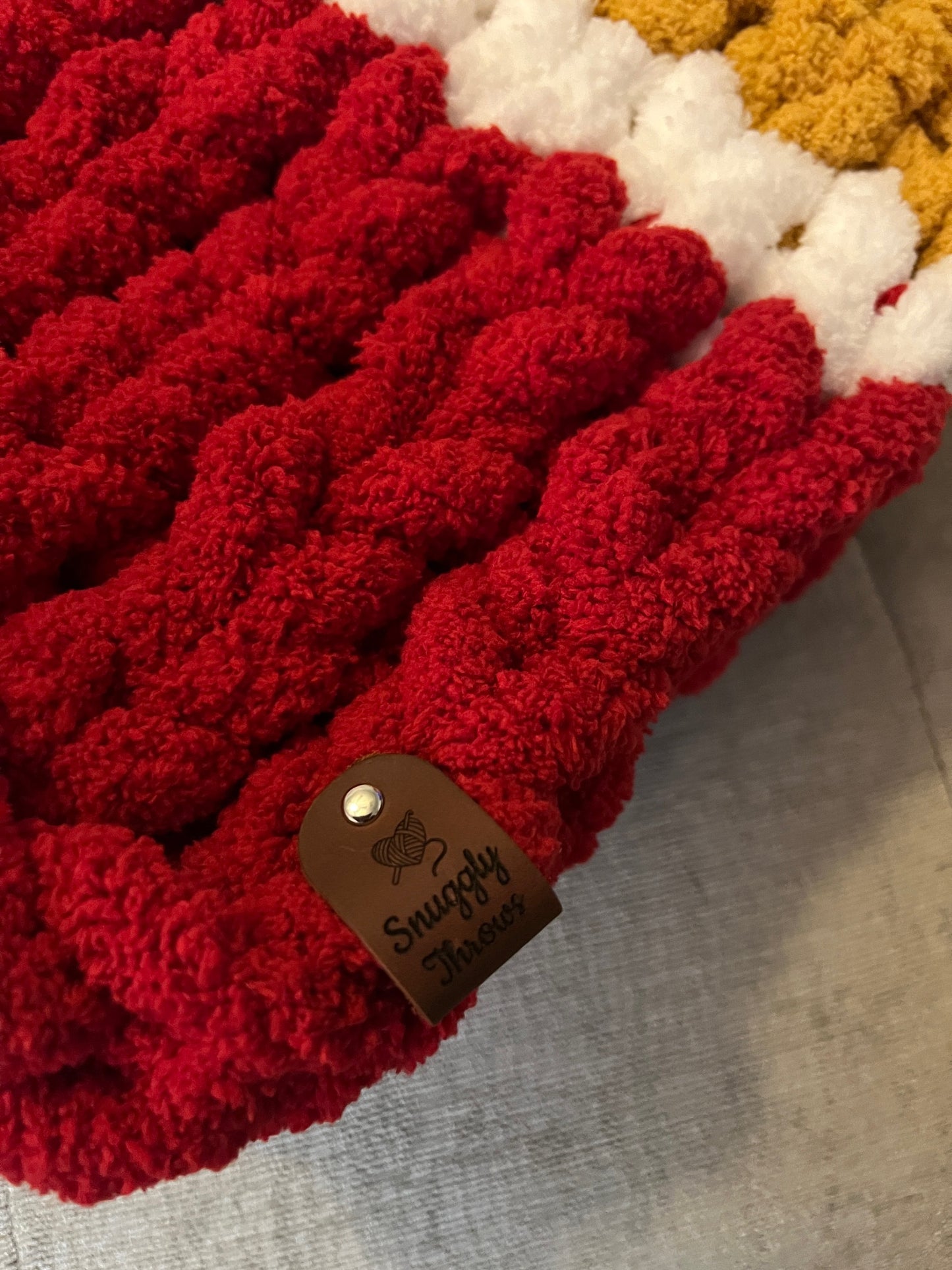 Custom Hand-Knit Chunky Throw Blanket | Red, White & Gold | Ultra Soft & Cozy