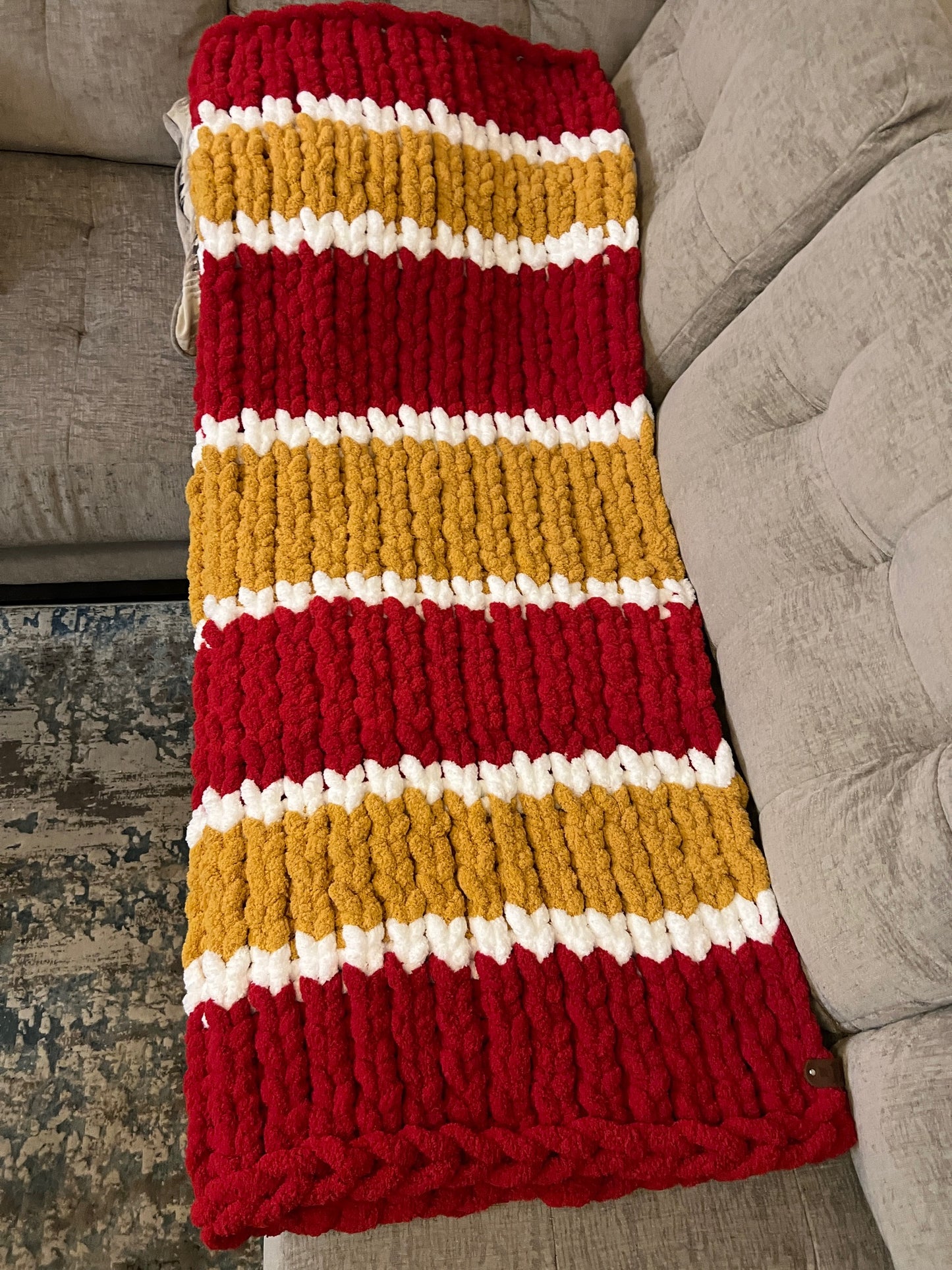 Custom Hand-Knit Chunky Throw Blanket | Red, White & Gold | Ultra Soft & Cozy