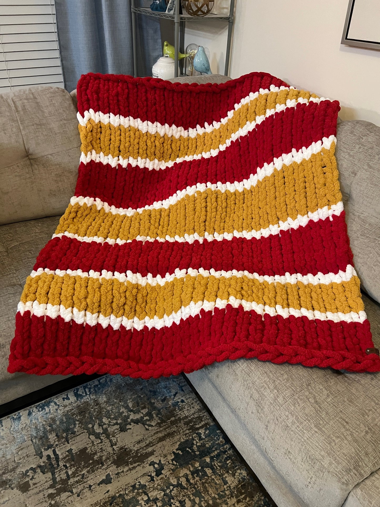 Custom Hand-Knit Chunky Throw Blanket | Red, White & Gold | Ultra Soft & Cozy