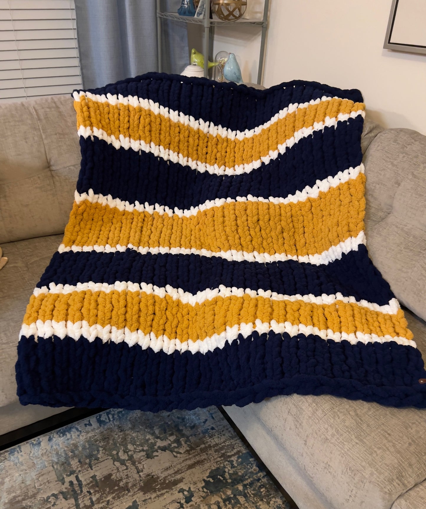 Custom Hand-Knit Chunky Throw Blanket | Navy, White & Gold | Ultra Soft & Cozy