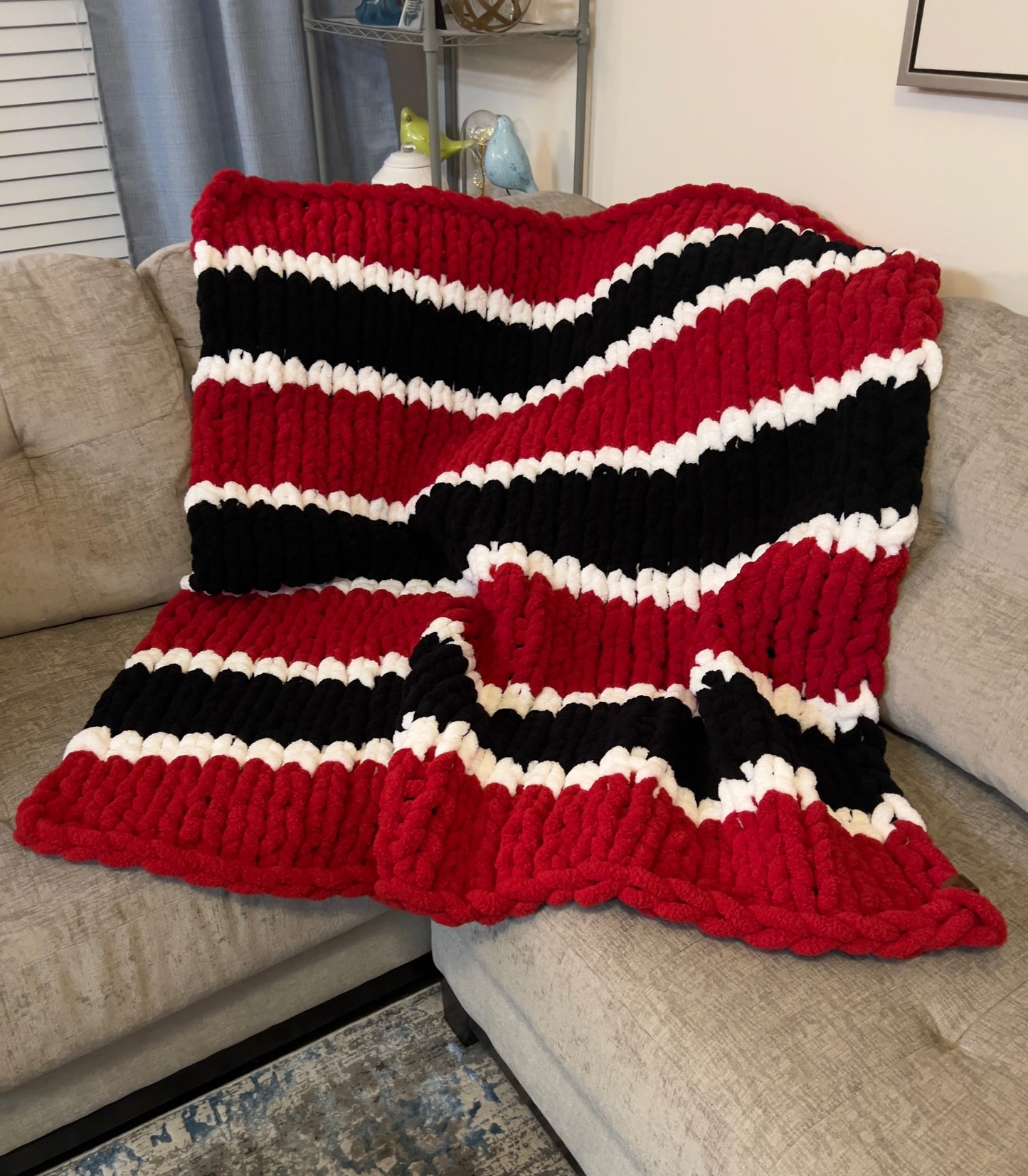 Custom Hand-Knit Chunky Throw Blanket | Red, White & Black | Ultra Soft & Cozy