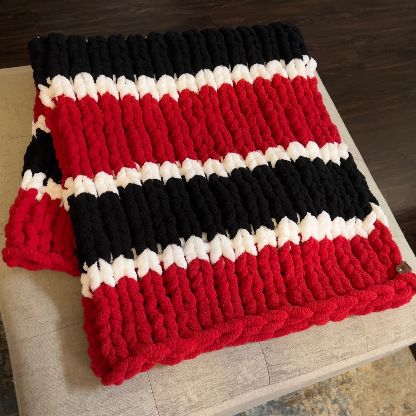 Custom Hand-Knit Chunky Throw Blanket | Red, White & Black | Ultra Soft & Cozy