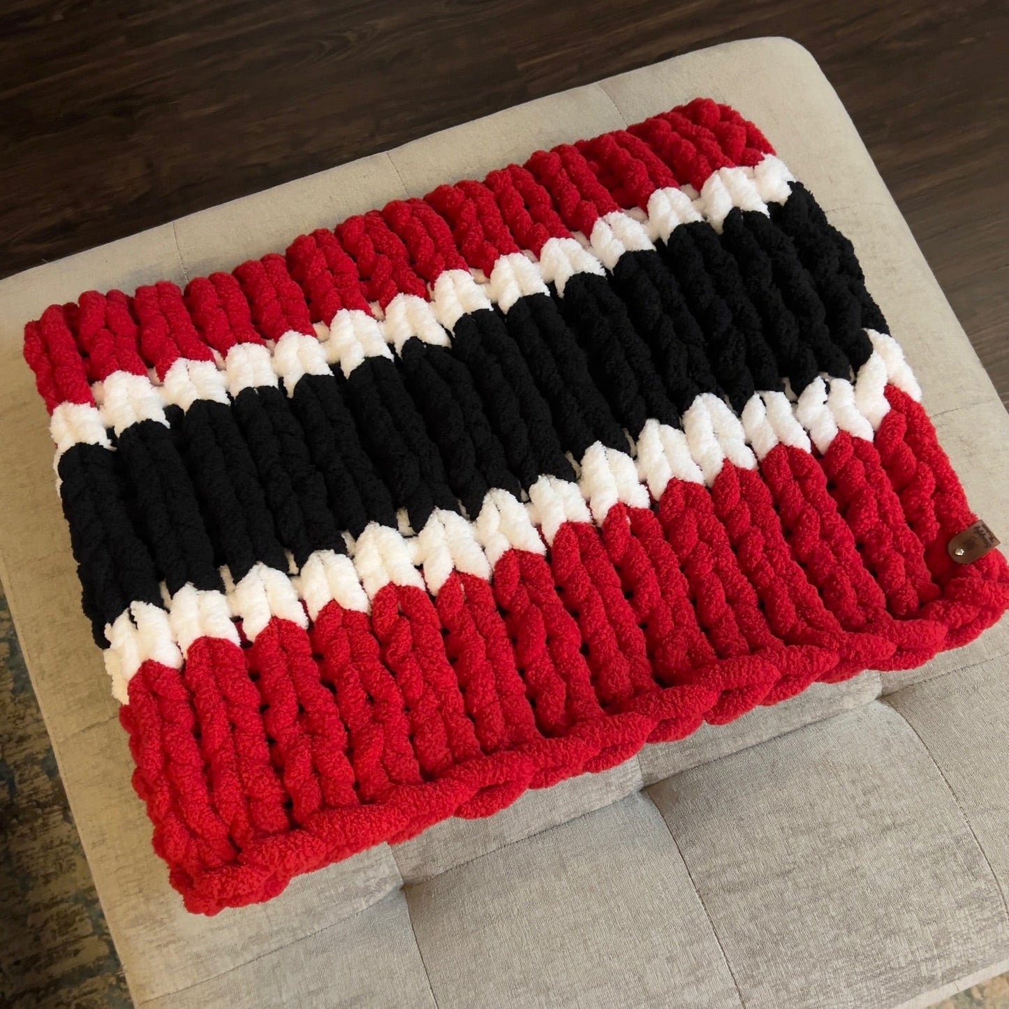 Custom Hand-Knit Chunky Throw Blanket | Red, White & Black | Ultra Soft & Cozy