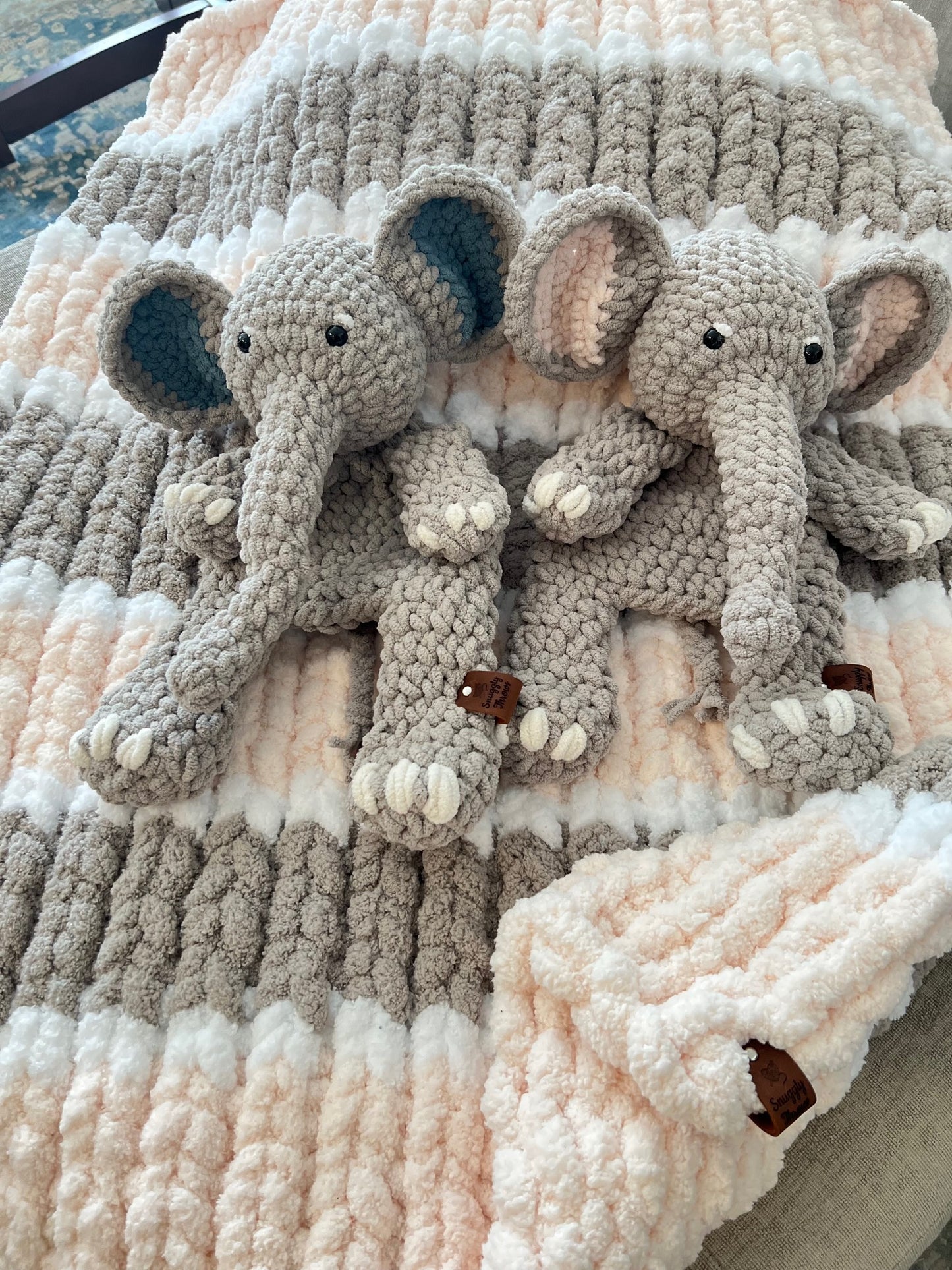 Hand-Knit Chunky Baby Blanket/Playmat & Elephant Snuggler Set | Soft & Cozy Gift | Newborn Gift | Baby Shower Gift | Nursery Decor