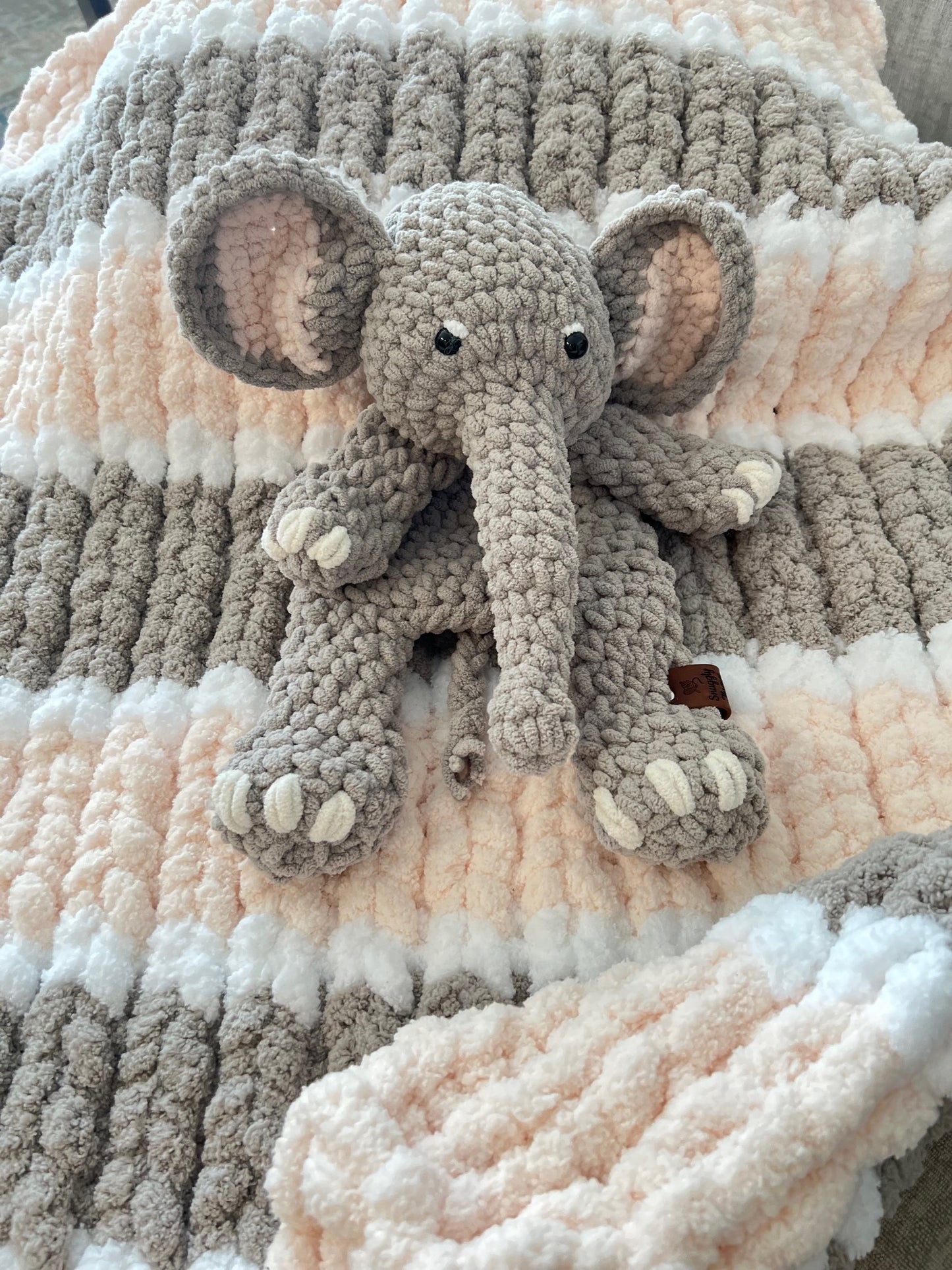 Hand-Knit Chunky Baby Blanket/Playmat & Elephant Snuggler Set | Soft & Cozy Gift | Newborn Gift | Baby Shower Gift | Nursery Decor