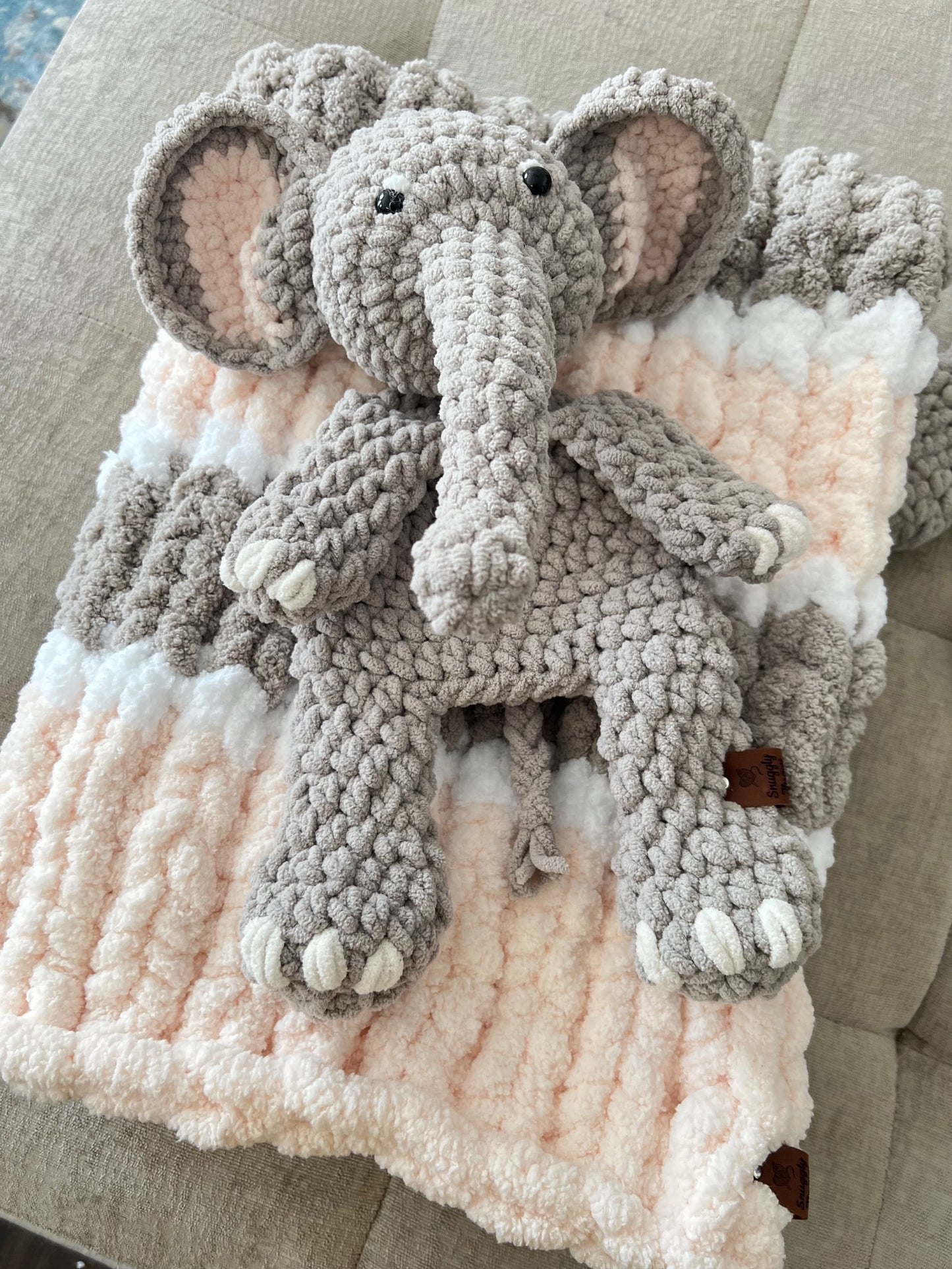 Hand-Knit Chunky Baby Blanket/Playmat & Elephant Snuggler Set | Soft & Cozy Gift | Newborn Gift | Baby Shower Gift | Nursery Decor