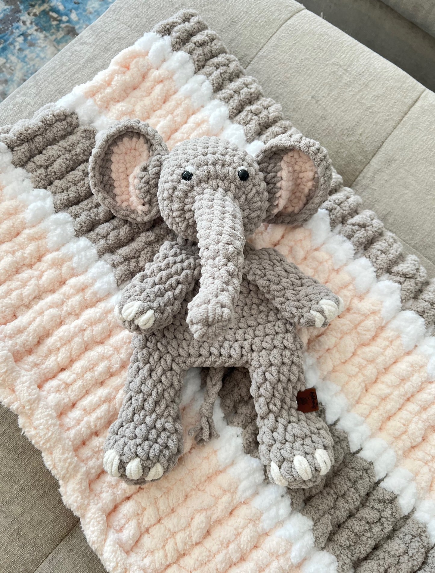 Hand-Knit Chunky Baby Blanket/Playmat & Elephant Snuggler Set | Soft & Cozy Gift | Newborn Gift | Baby Shower Gift | Nursery Decor