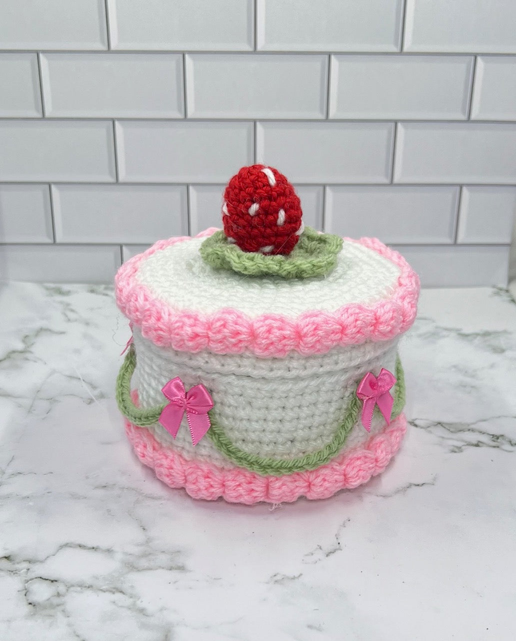 Strawberry Cake Crochet Trinket Box | Handmade Wooden Keepsake with Magnetic Closure