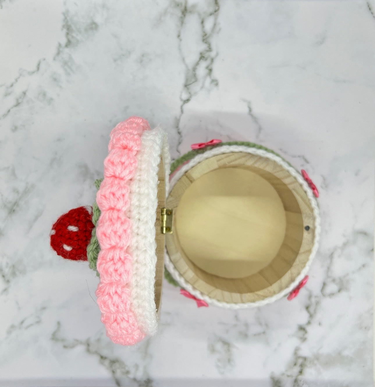 Strawberry Cake Crochet Trinket Box | Handmade Wooden Keepsake with Magnetic Closure