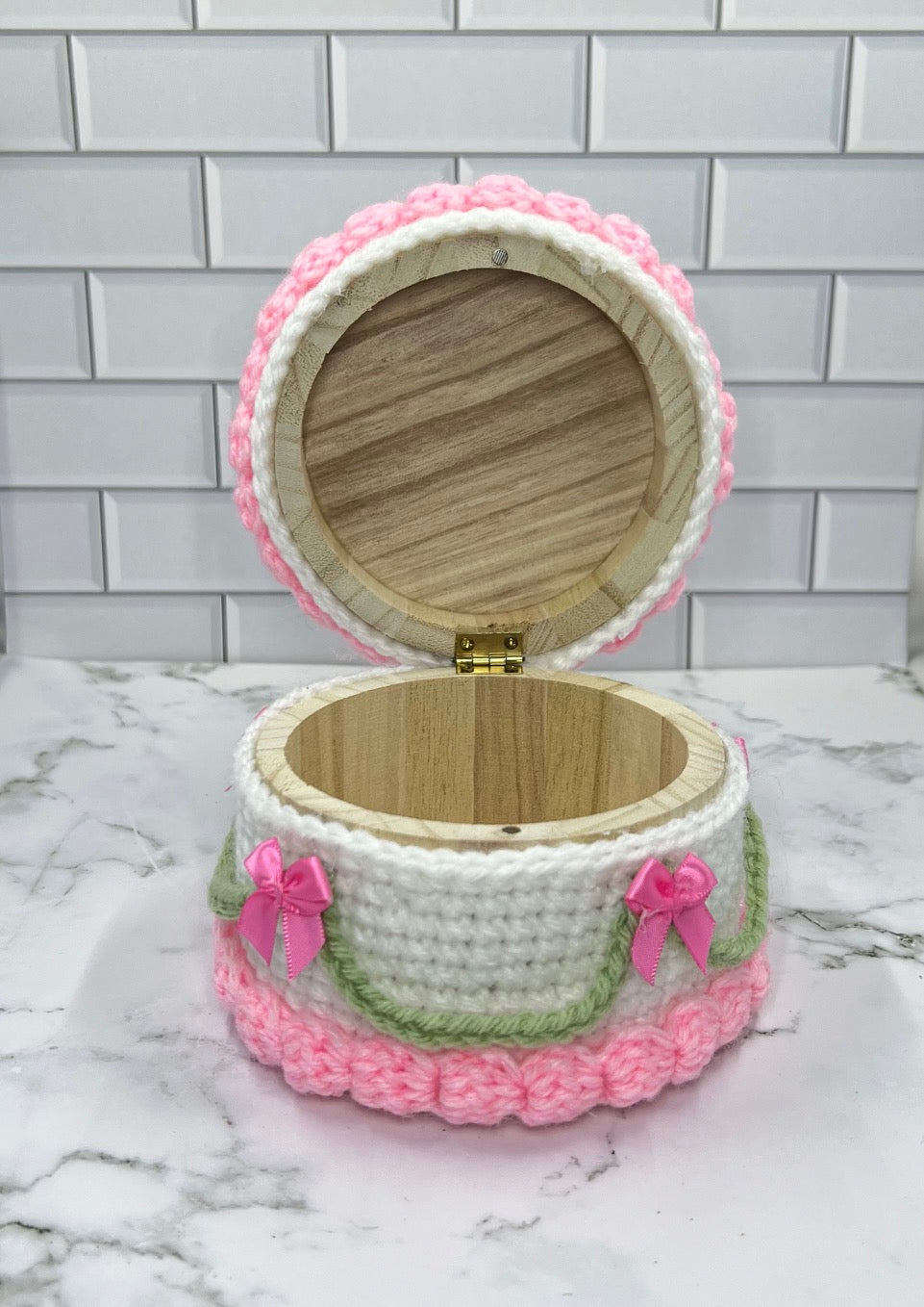 Strawberry Cake Crochet Trinket Box | Handmade Wooden Keepsake with Magnetic Closure