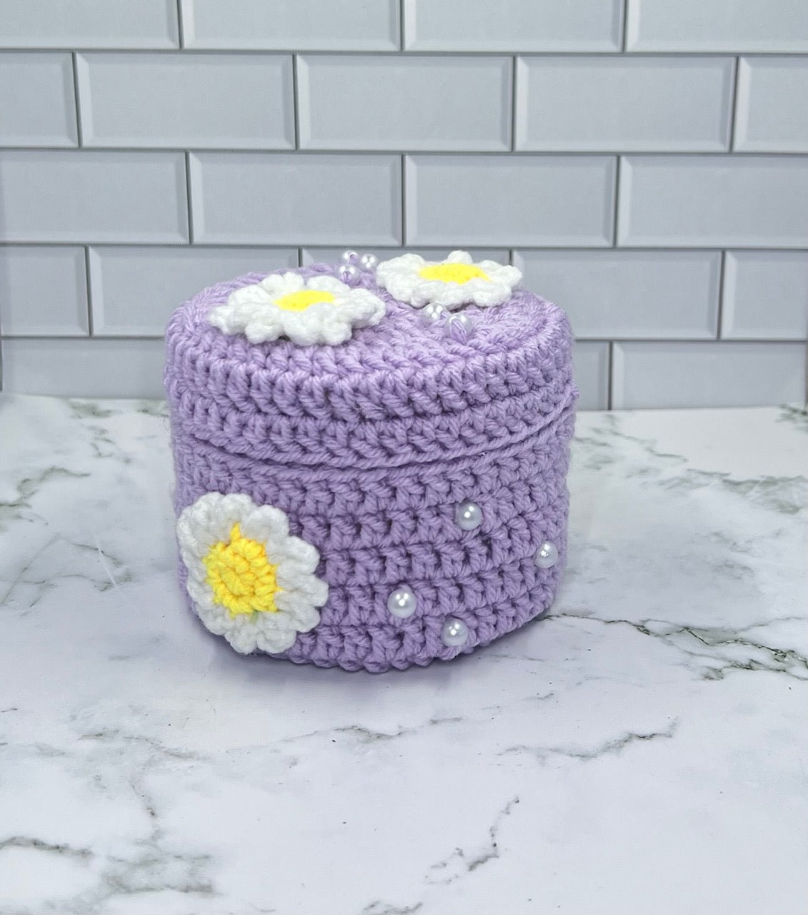 Lavender Daisy Crochet Trinket Box | Handmade Floral Keepsake with Pearls & Magnetic Closure