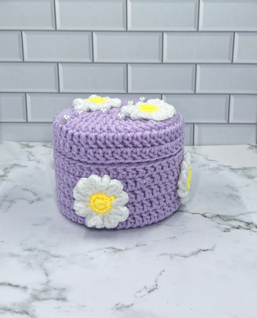 Lavender Daisy Crochet Trinket Box | Handmade Floral Keepsake with Pearls & Magnetic Closure