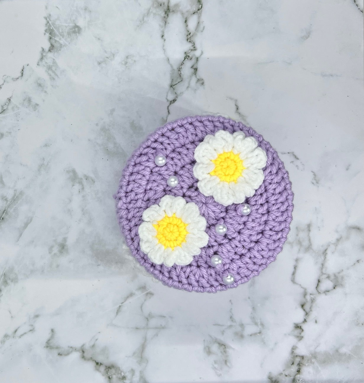 Lavender Daisy Crochet Trinket Box | Handmade Floral Keepsake with Pearls & Magnetic Closure