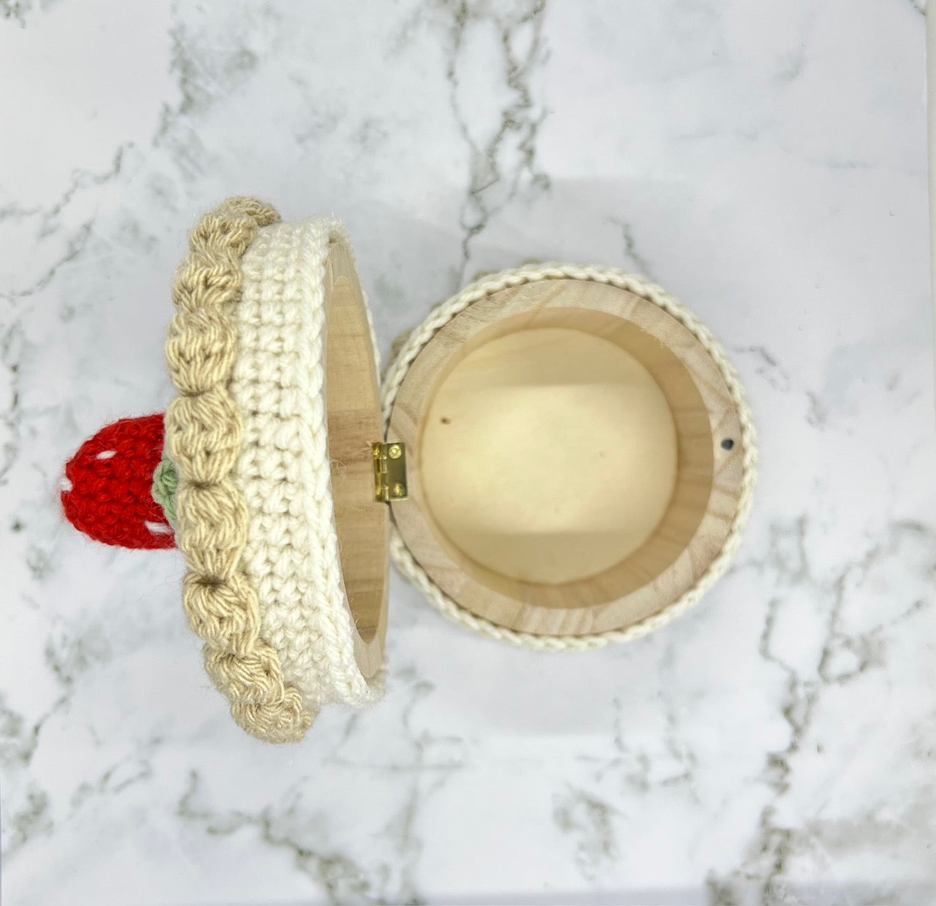 Chocolate Strawberry Cake Crochet Trinket Box | Handmade Wooden Keepsake with Magnetic Closure
