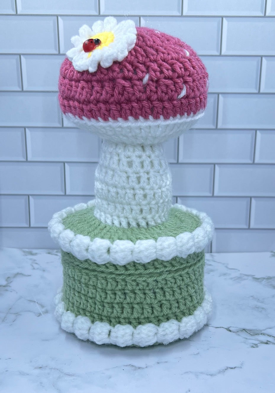 Mushroom Meadow Crochet Trinket Box | Handmade Woodland Keepsake with Daisy & Ladybug Topper