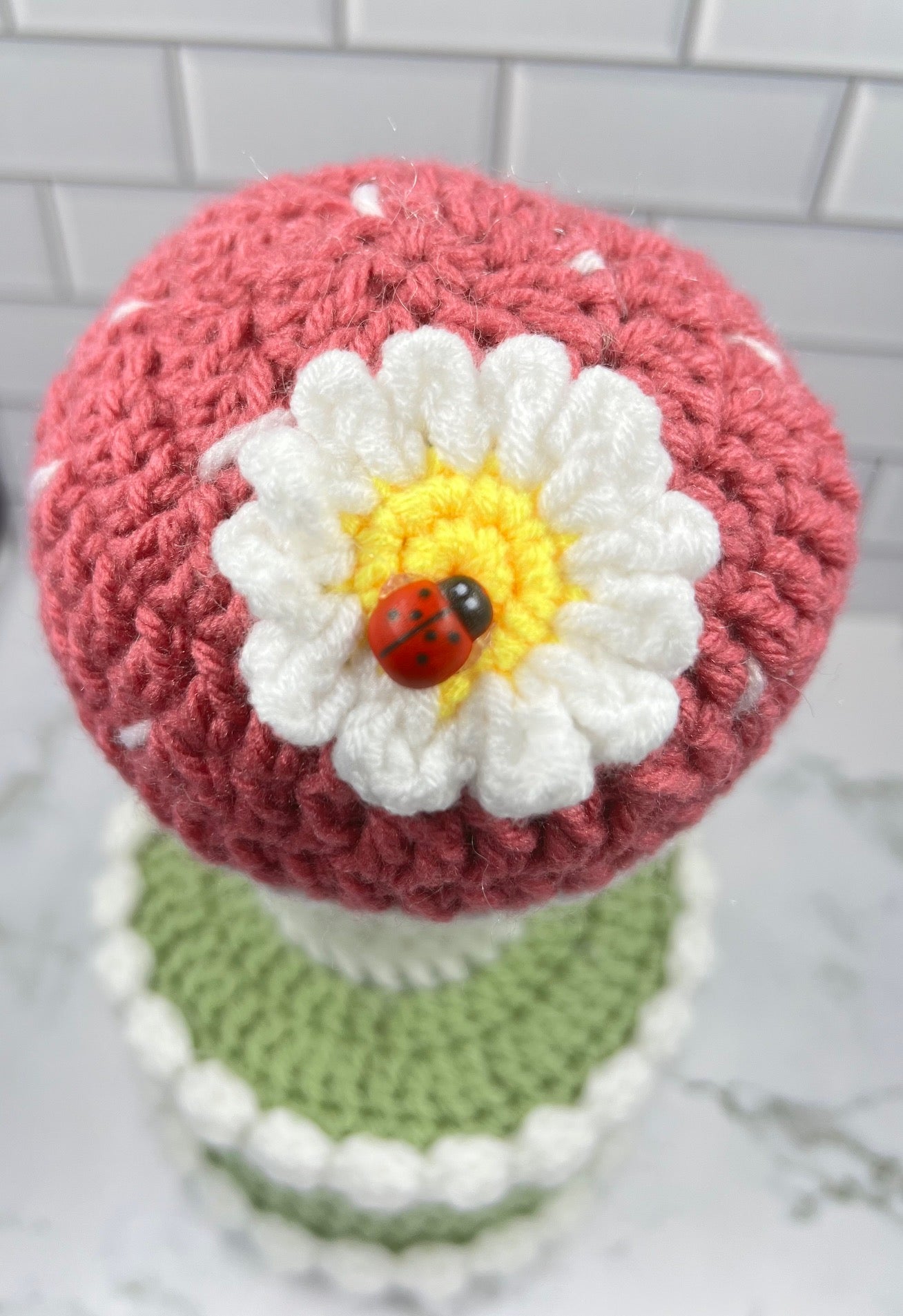 Mushroom Meadow Crochet Trinket Box | Handmade Woodland Keepsake with Daisy & Ladybug Topper