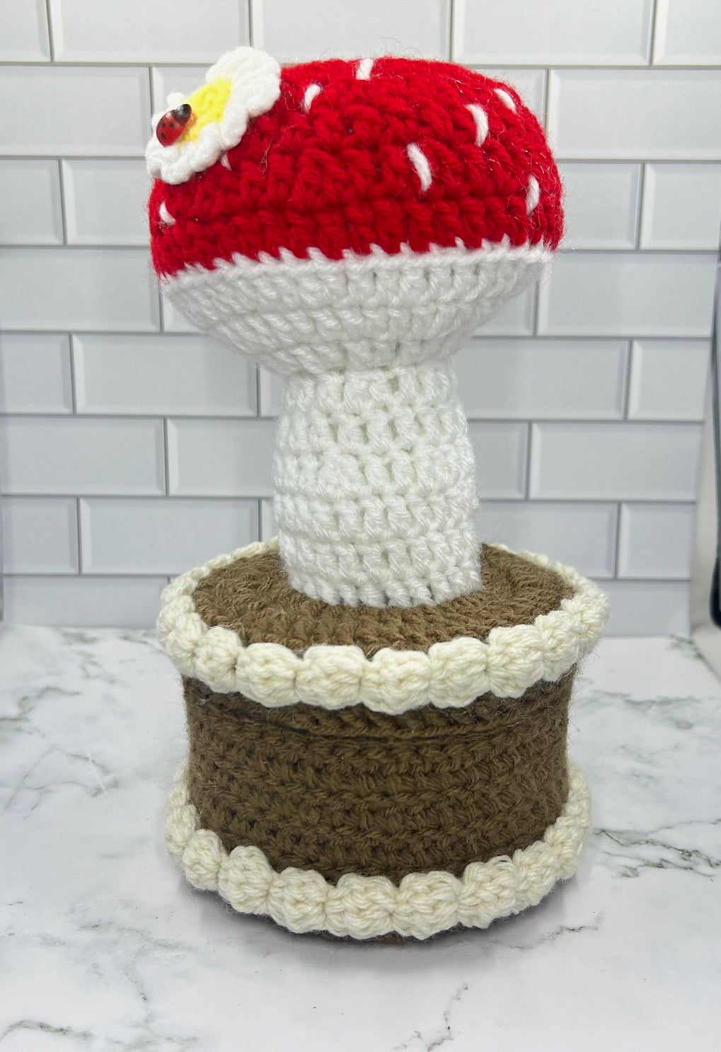 Mushroom Meadow Crochet Trinket Box | Handmade Woodland Keepsake with Daisy & Ladybug Topper