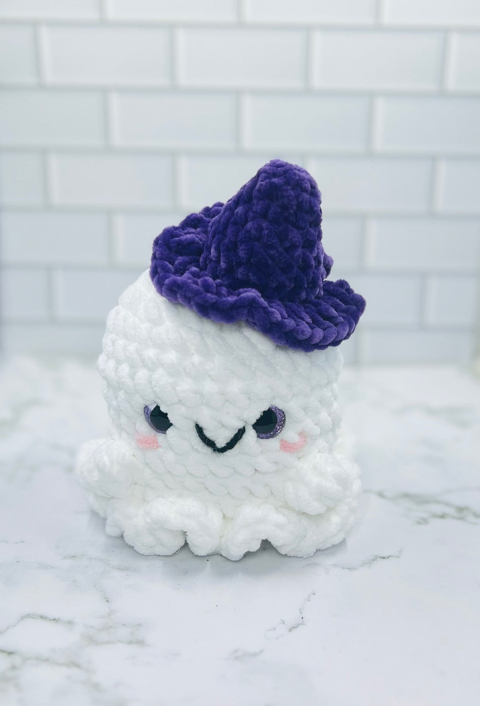 Large Crochet Ghost Plushie with Purple Witch Hat | Glitter Eyes, Rosy Cheeks & Friendly Smile | 7" Halloween Decor