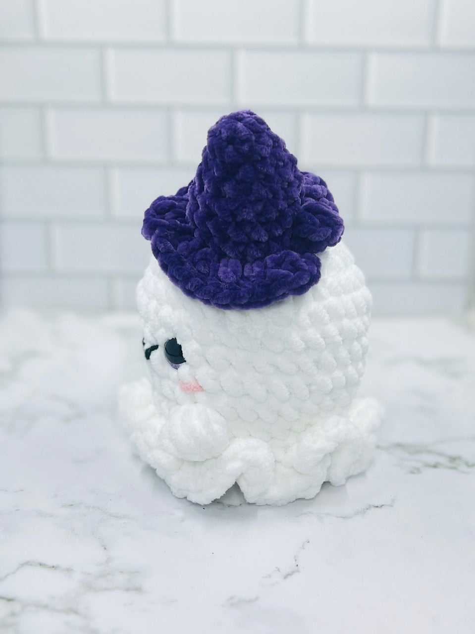 Large Crochet Ghost Plushie with Purple Witch Hat | Glitter Eyes, Rosy Cheeks & Friendly Smile | 7" Halloween Decor