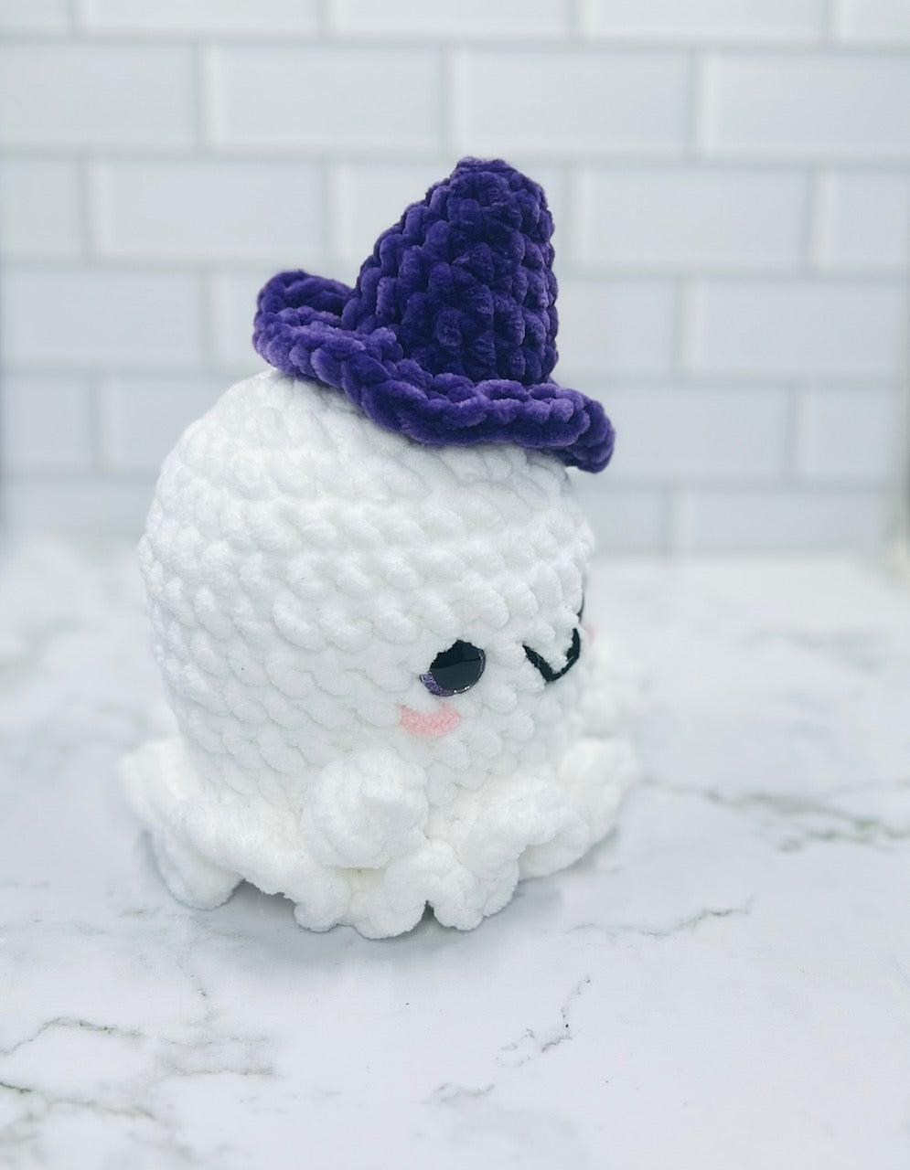 Large Crochet Ghost Plushie with Purple Witch Hat | Glitter Eyes, Rosy Cheeks & Friendly Smile | 7" Halloween Decor