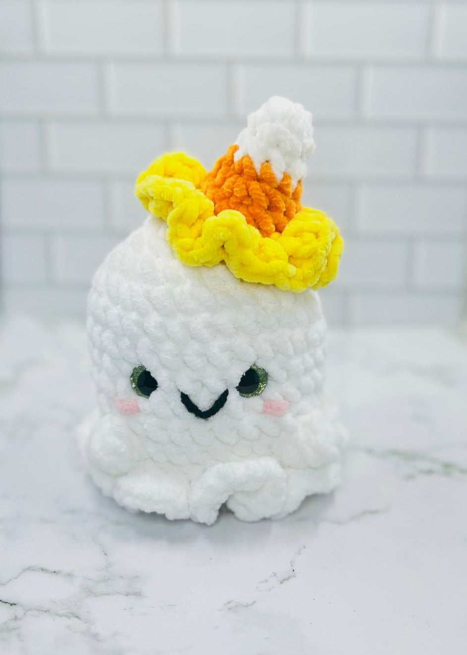 Large Crochet Ghost Plushie with Candy Corn Hat | Glitter Eyes & Rosy Cheeks | 7" Friendly Halloween Decoration