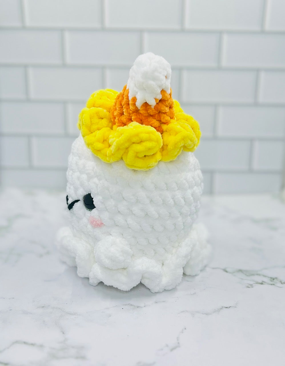 Large Crochet Ghost Plushie with Candy Corn Hat | Glitter Eyes & Rosy Cheeks | 7" Friendly Halloween Decoration