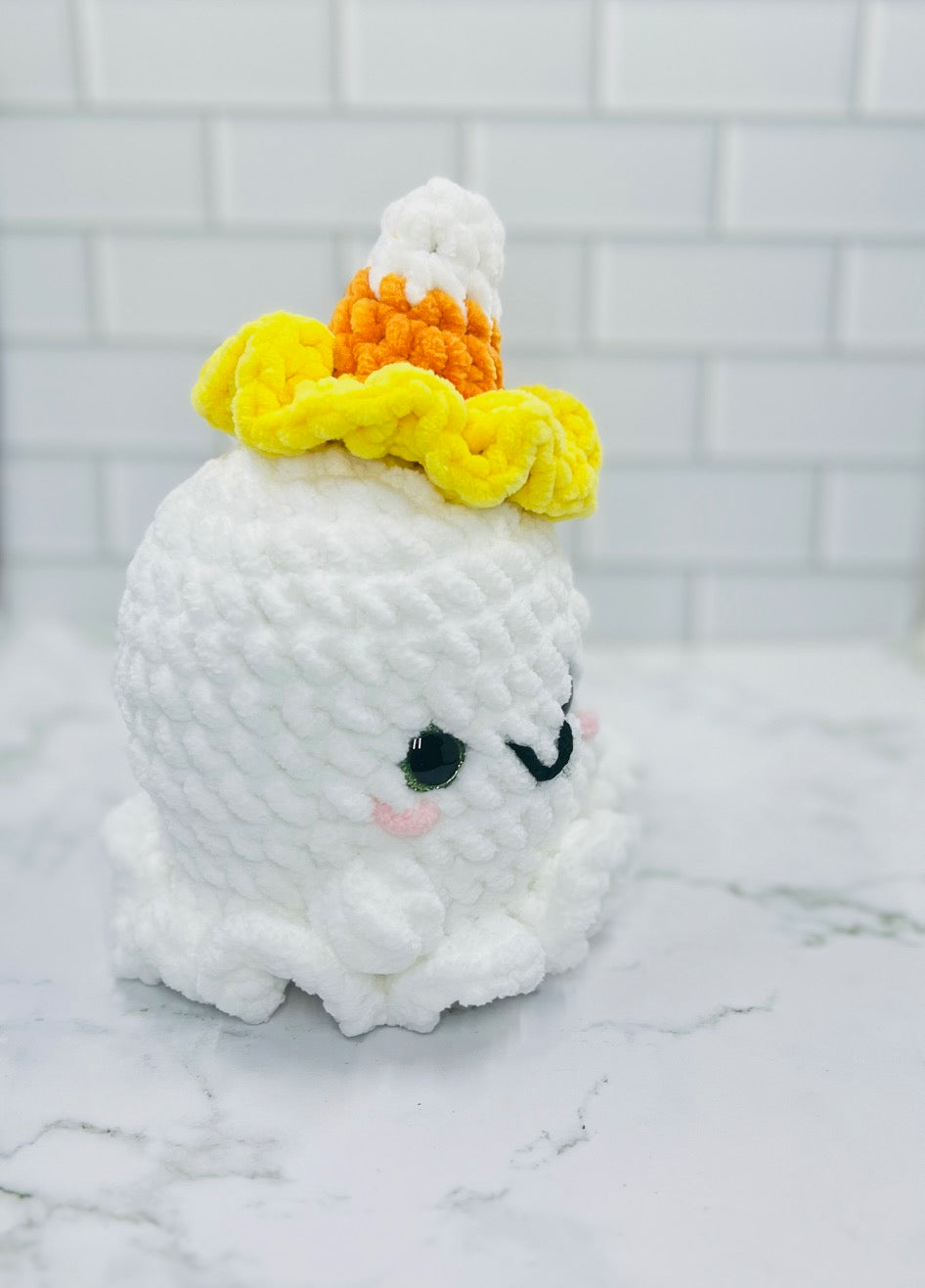 Large Crochet Ghost Plushie with Candy Corn Hat | Glitter Eyes & Rosy Cheeks | 7" Friendly Halloween Decoration