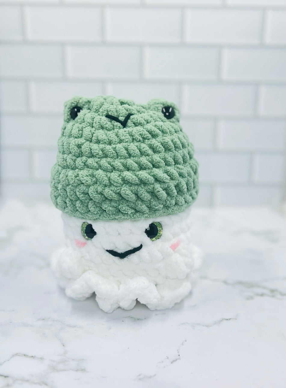 Crochet Ghost Plushie with Frog Hat | Glitter Eyes, Rosy Cheeks & Friendly Smile | 7" Cute Spooky Decor