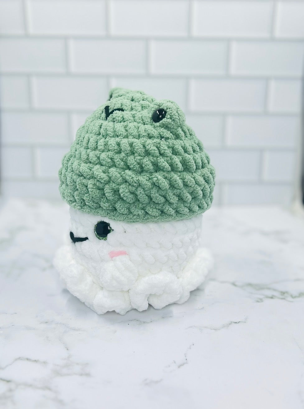 Crochet Ghost Plushie with Frog Hat | Glitter Eyes, Rosy Cheeks & Friendly Smile | 7" Cute Spooky Decor