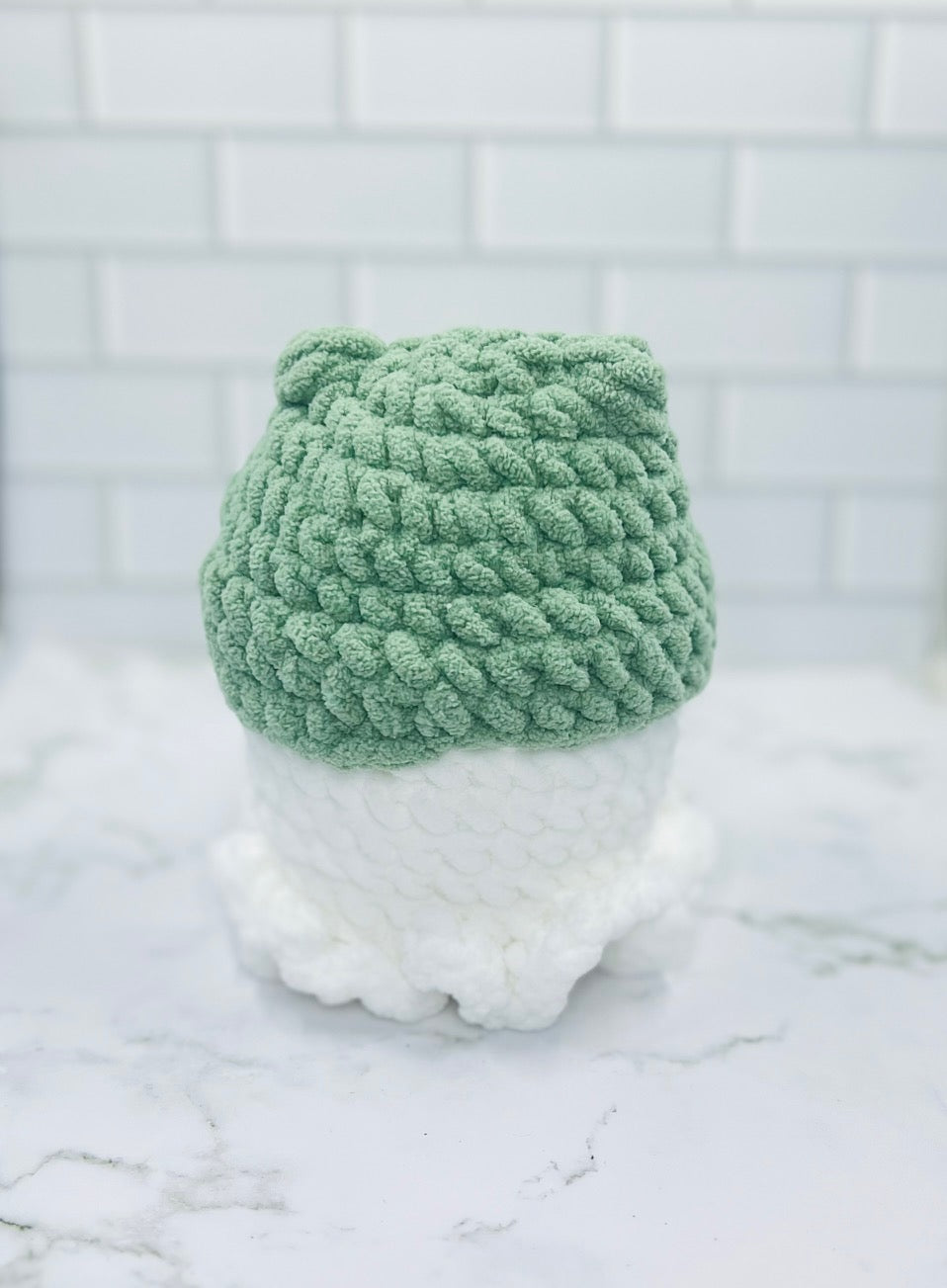 Crochet Ghost Plushie with Frog Hat | Glitter Eyes, Rosy Cheeks & Friendly Smile | 7" Cute Spooky Decor