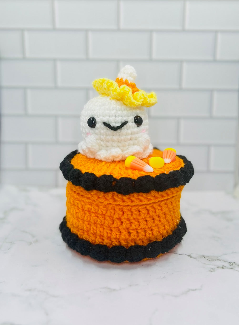 Halloween Ghost Cake Crochet Trinket Box | Spooky Cute Keepsake with Candy Corn Charms & Magnetic Closure